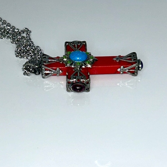 Sweet Romance Designer Gemstone Cross Double Chain Stainless Steel Necklace Boho - Picture 7 of 10